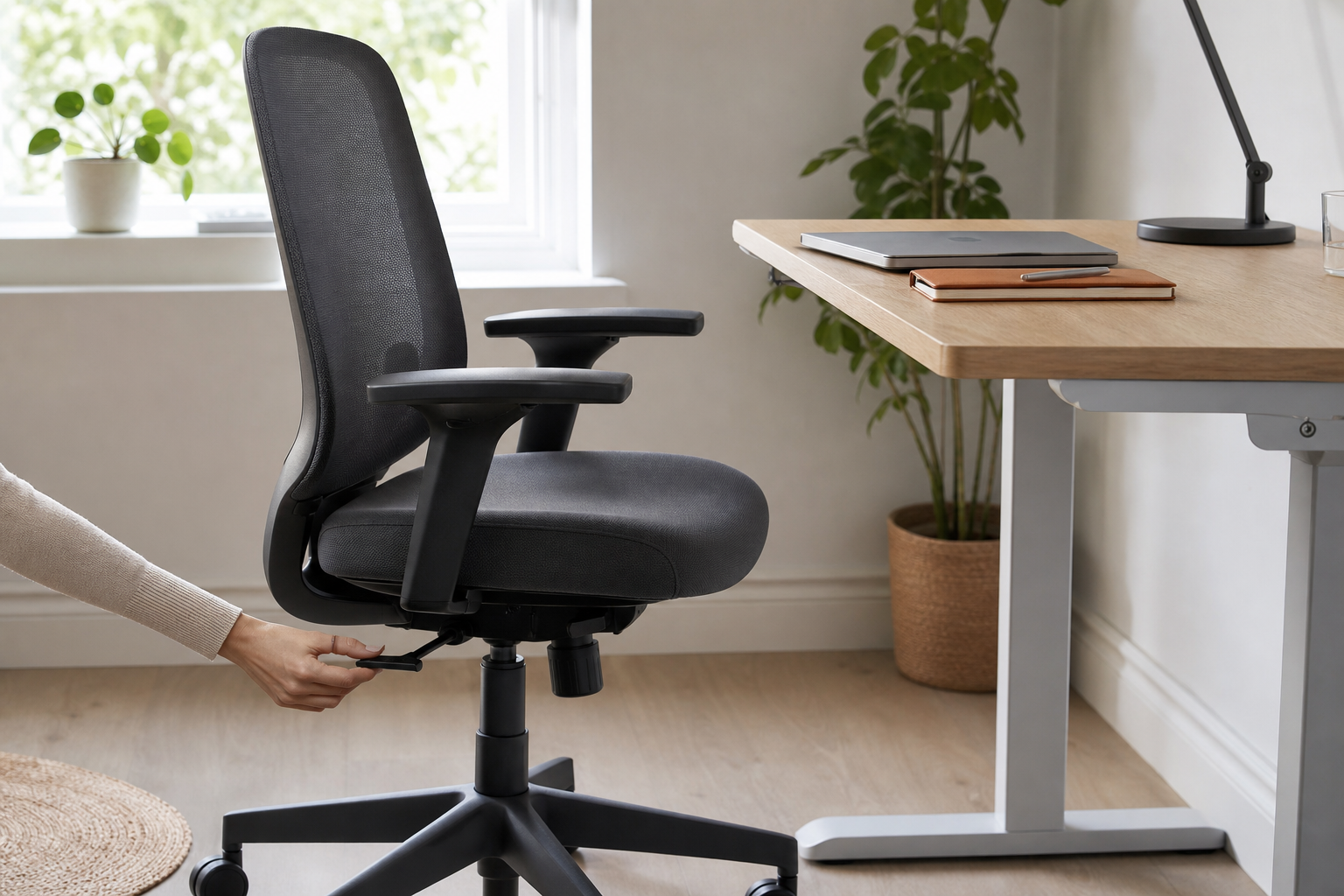 Antraciete verstelbare bureaustoel naast een licht houten thuiswerkbureau terwijl een hand de zithendel bedient