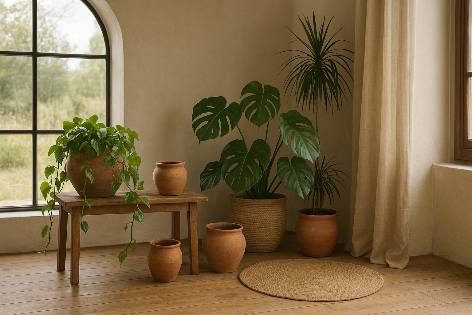 Foto bij Boho interieur stylen met planten, potten en warme texturen